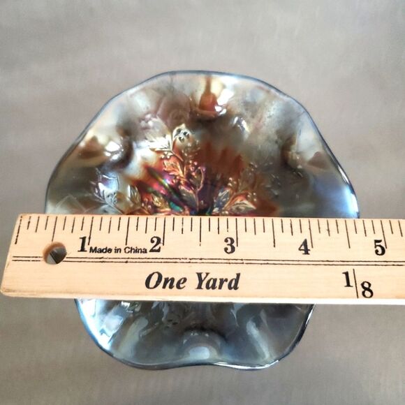 Vintage Fenton Cobalt Carnival Glass Ruffle Compote Rib Holly Footed Jelly Dish - Picture 7 of 8